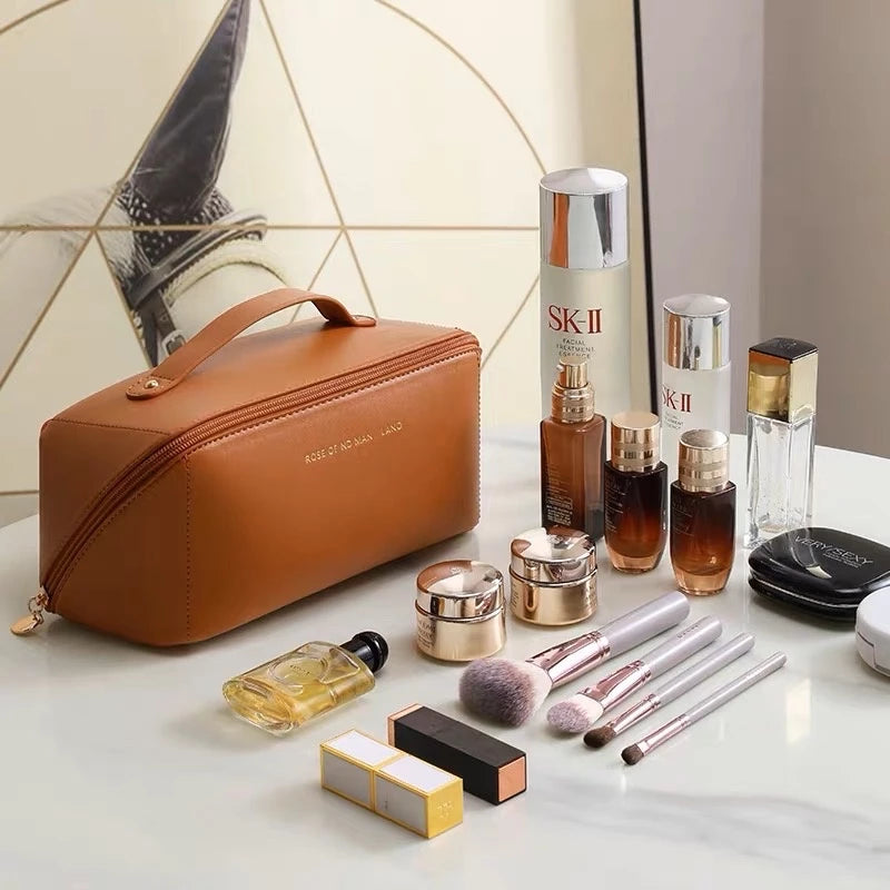 Bolsa De Cosmético De Couro PU Com Grande Capacidade Portátil Viagem