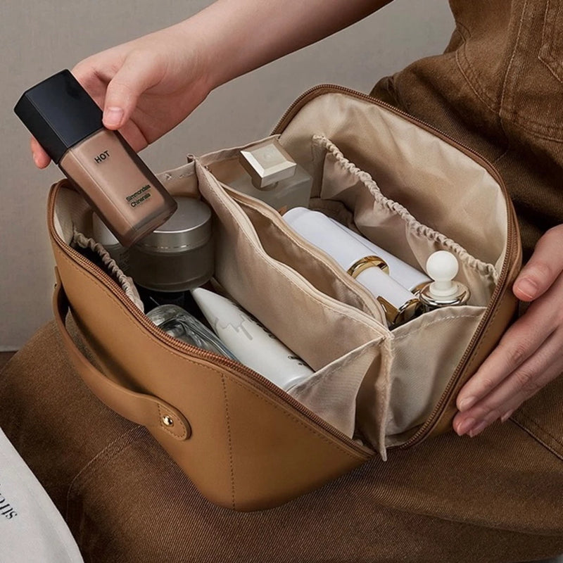 Bolsa De Cosmético De Couro PU Com Grande Capacidade Portátil Viagem