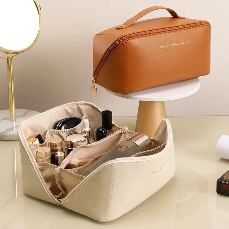 Bolsa De Cosmético De Couro PU Com Grande Capacidade Portátil Viagem