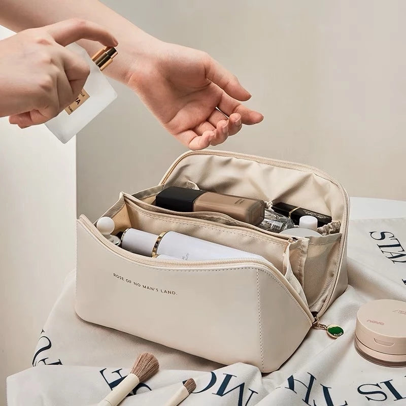 Bolsa De Cosmético De Couro PU Com Grande Capacidade Portátil Viagem